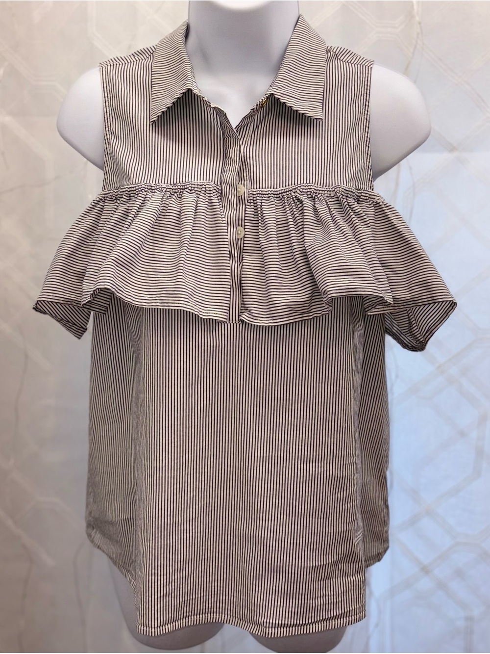 Michael Michael Kors Cotton Striped Cold-Shoulder Ruffle Blouse Preppy Chic S